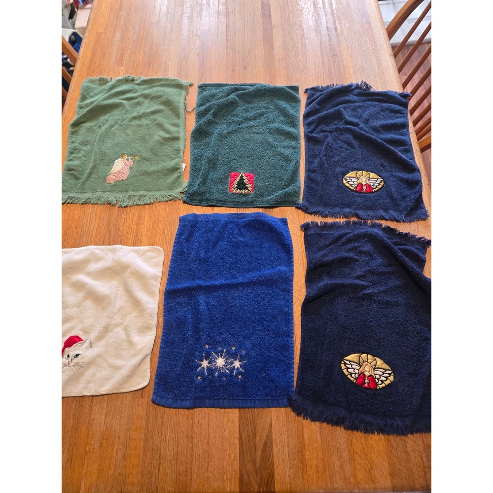 Lot of 6‎ Hand Towel Rags Embroidered Christmas Angel Cat Tree Snowflake Winter